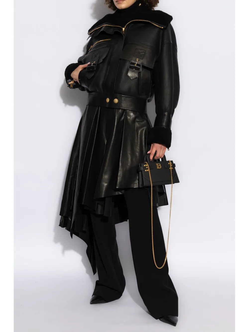 Balmain Shearling-Lined Leather Aviator Jacket in Black