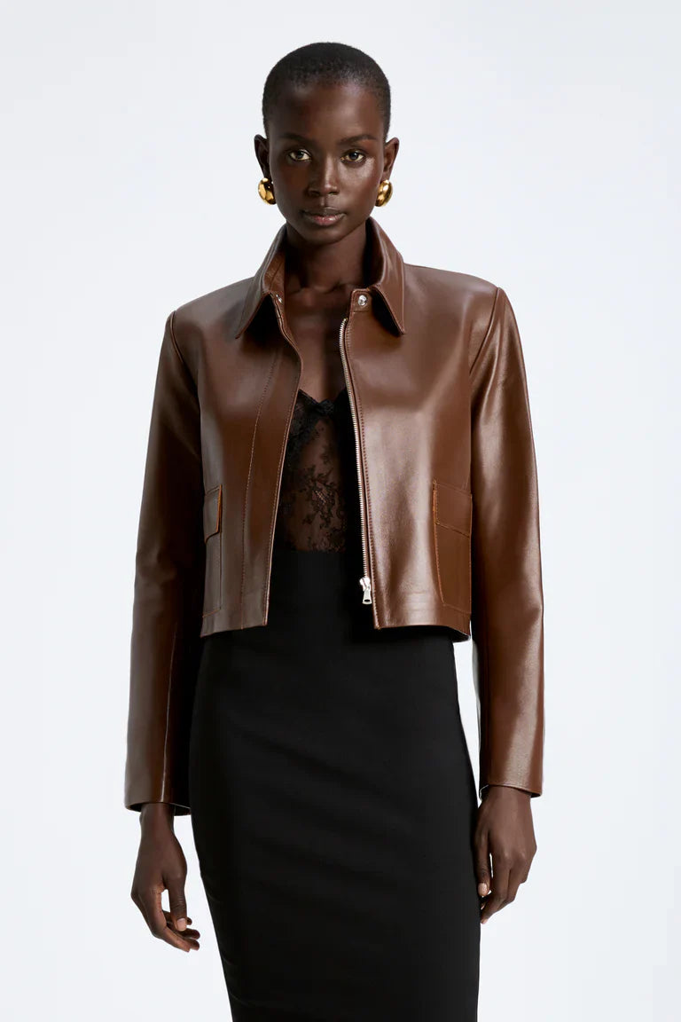 Bleeker Cropped Leather Jacket in Milk Chocolate
