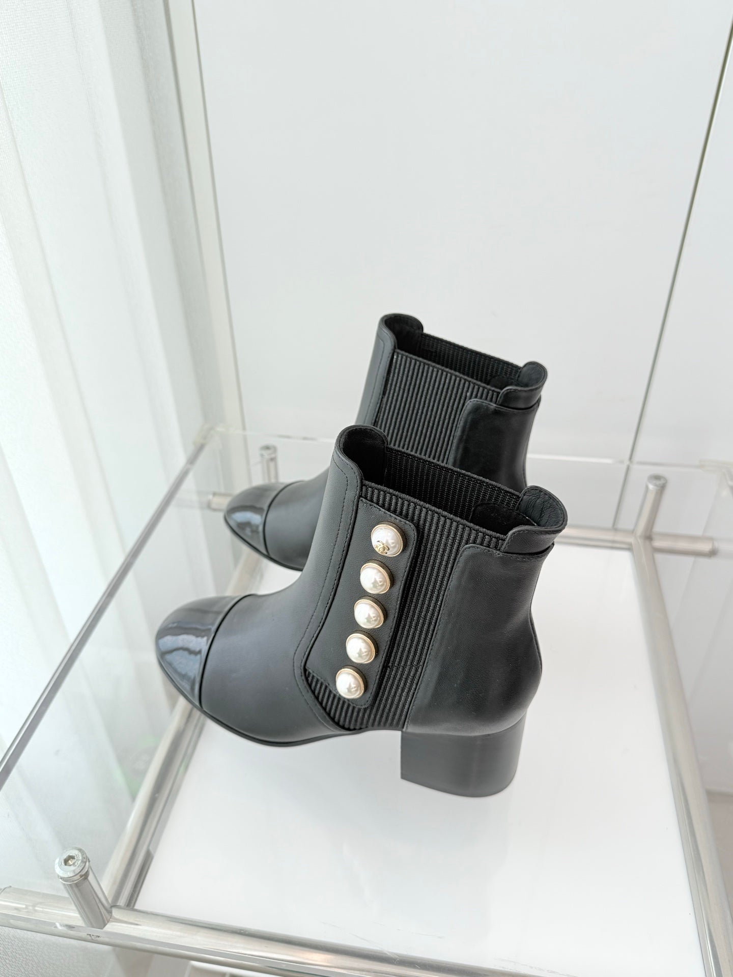 Chanel Pearl Button Two-Tone Cap Toe Ankle Boots