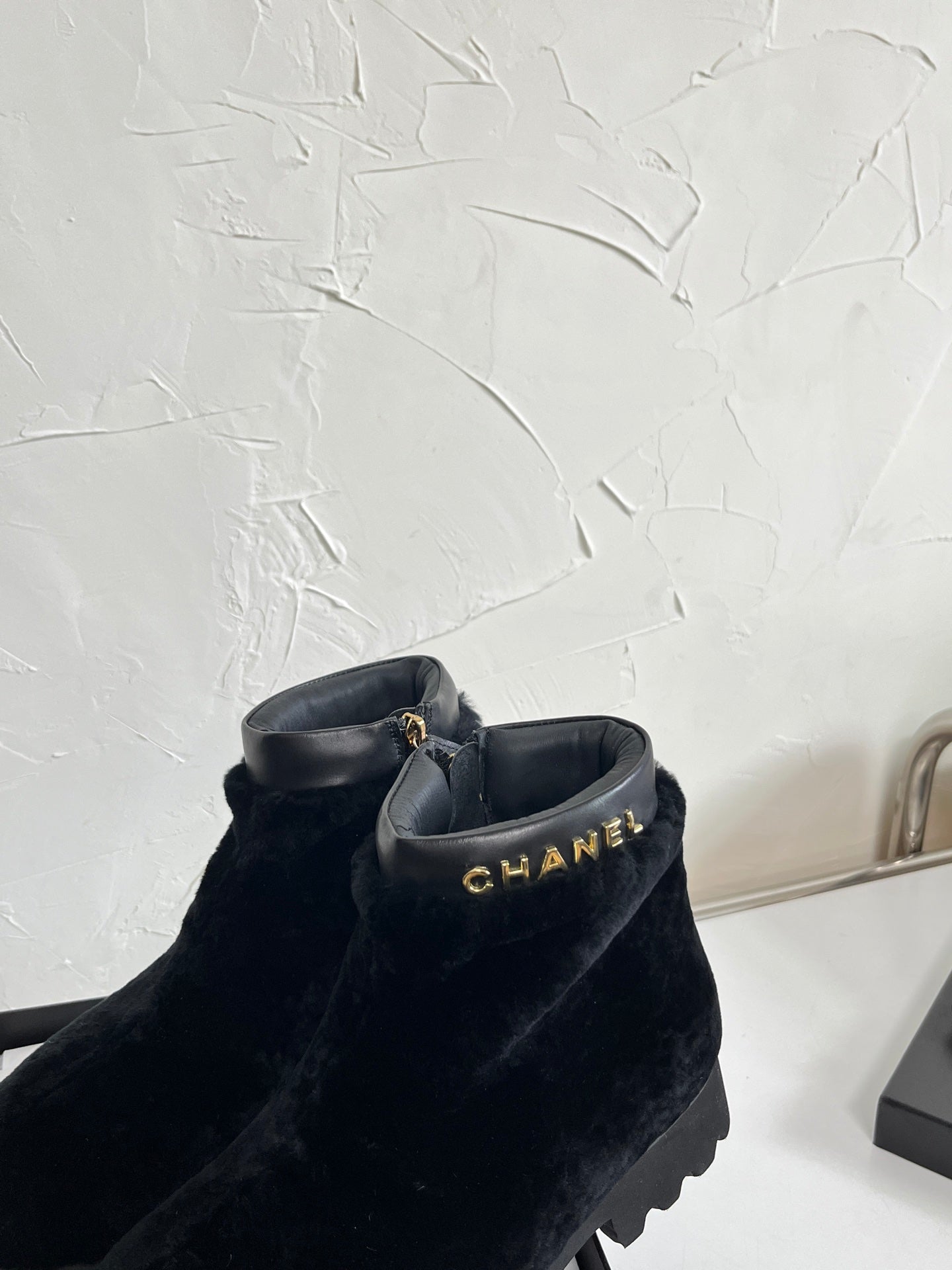 Chanel Shearling Lambskin Logo Ankle Boots