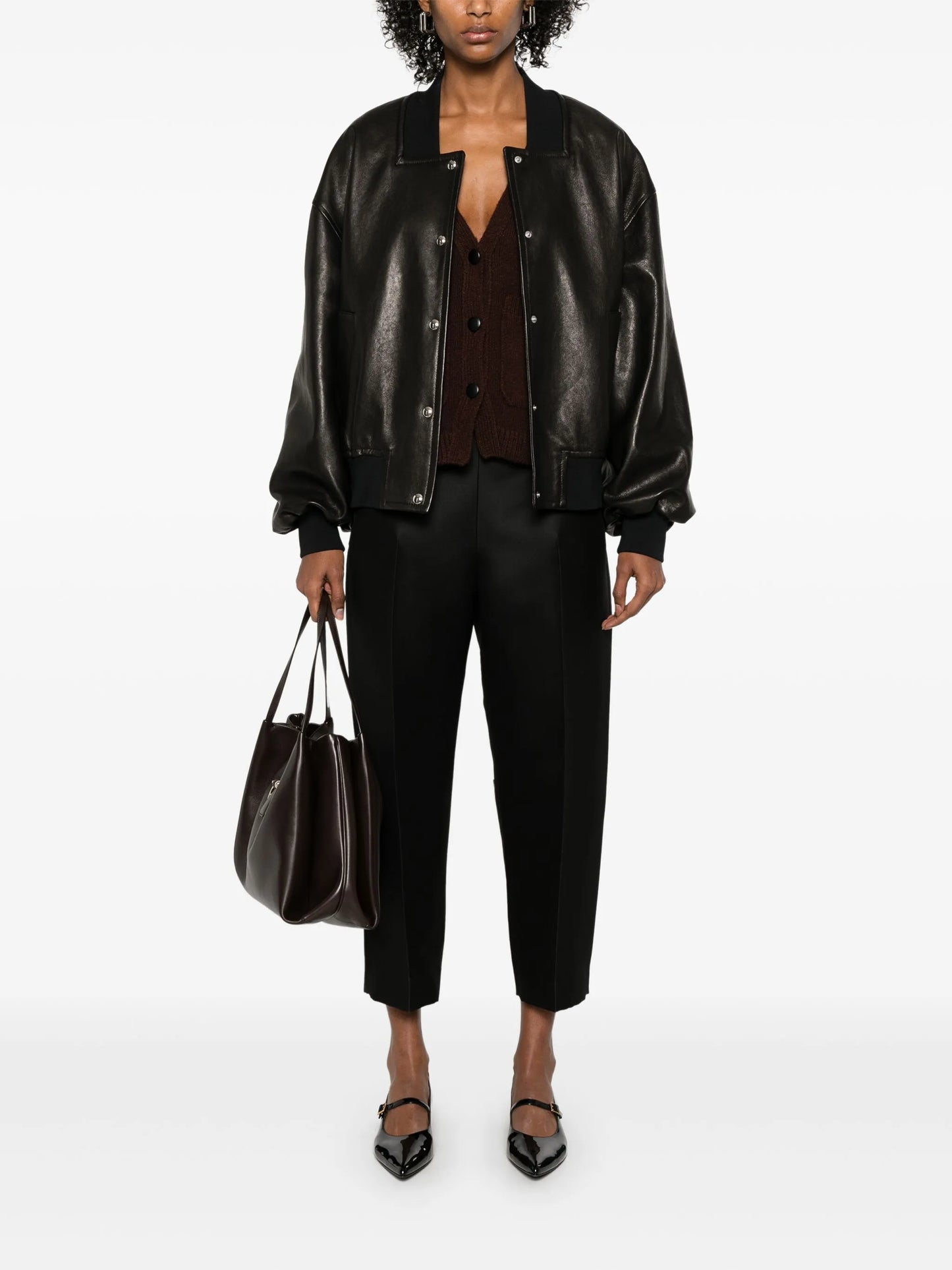 Khaite Oversized Black Leather Bomber Jacket