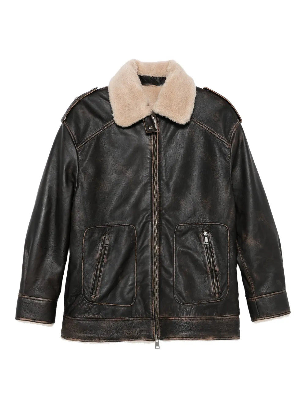 Aviator-Style Shearling-Collar Leather Jacket