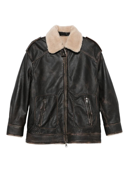 Aviator-Style Shearling-Collar Leather Jacket