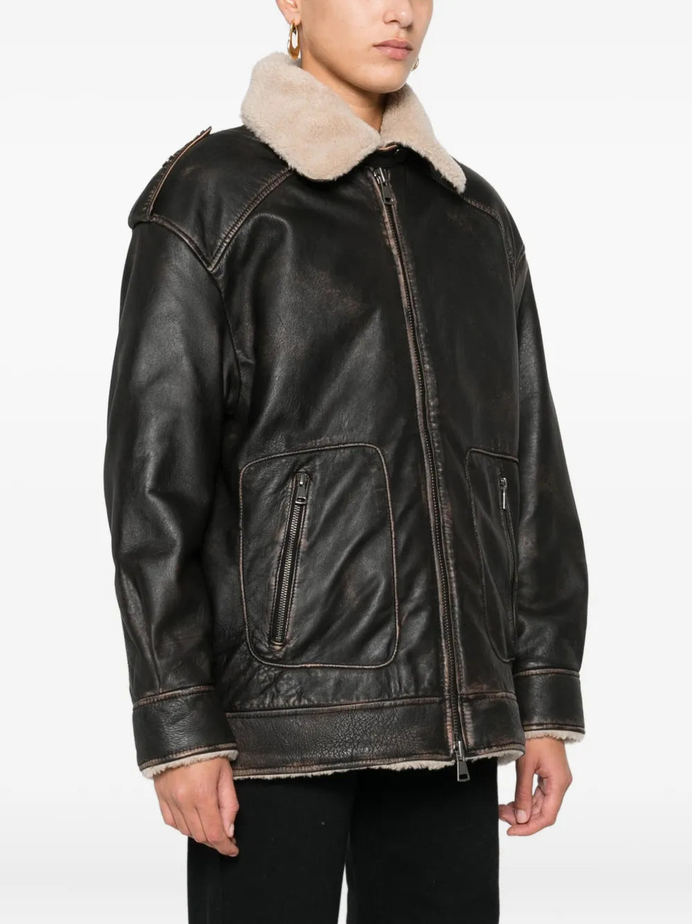 Aviator-Style Shearling-Collar Leather Jacket