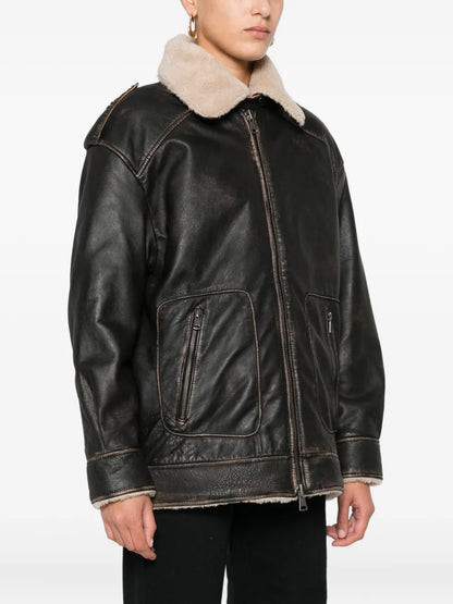 Aviator-Style Shearling-Collar Leather Jacket