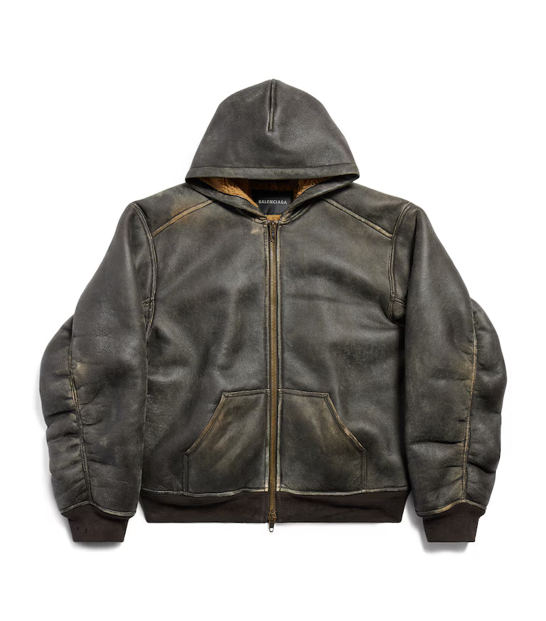 Balenciaga Distressed Leather Hooded Jacket