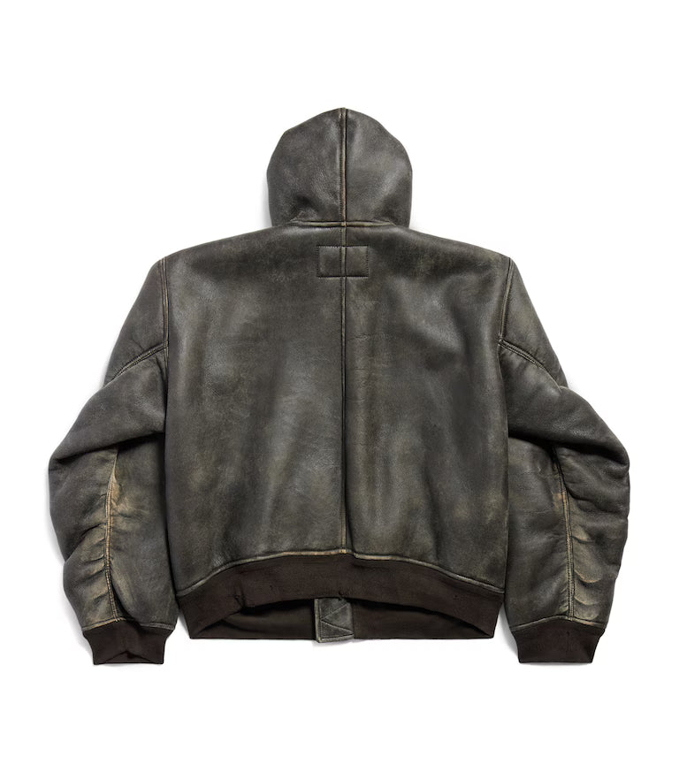 Balenciaga Distressed Leather Hooded Jacket