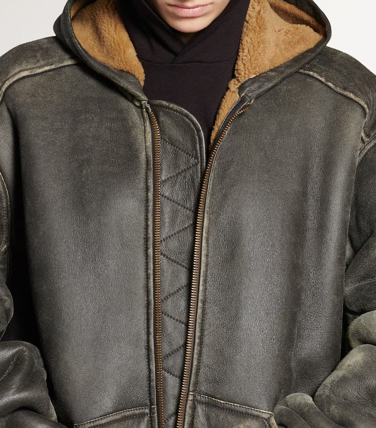 Balenciaga Distressed Leather Hooded Jacket