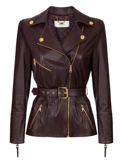 Balmain Belted Biker Leather Jacket – Burgundy