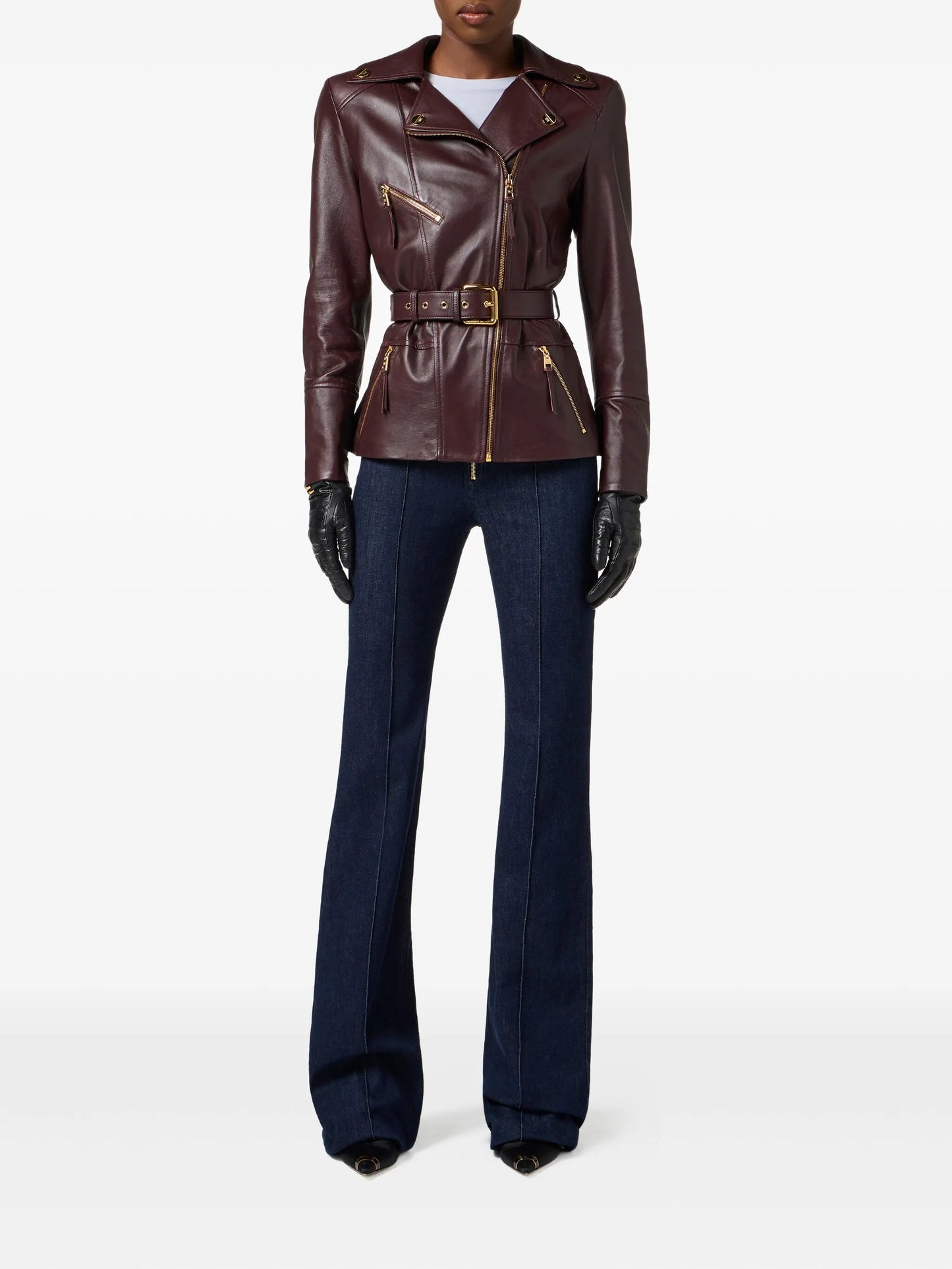Balmain Belted Biker Leather Jacket – Burgundy