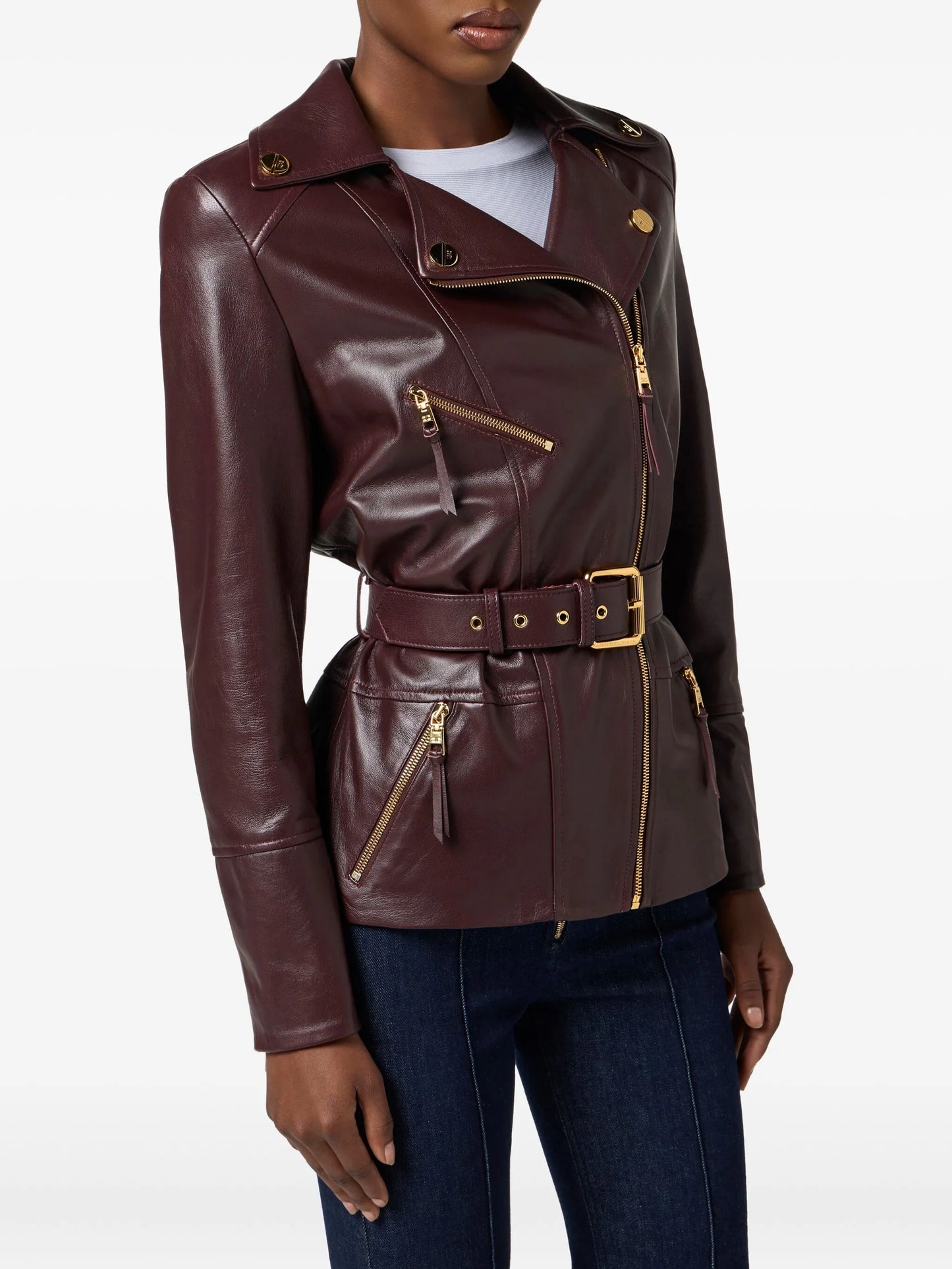 Balmain Belted Biker Leather Jacket – Burgundy