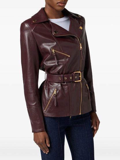 Balmain Belted Biker Leather Jacket – Burgundy
