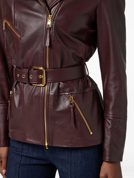 Balmain Belted Biker Leather Jacket – Burgundy