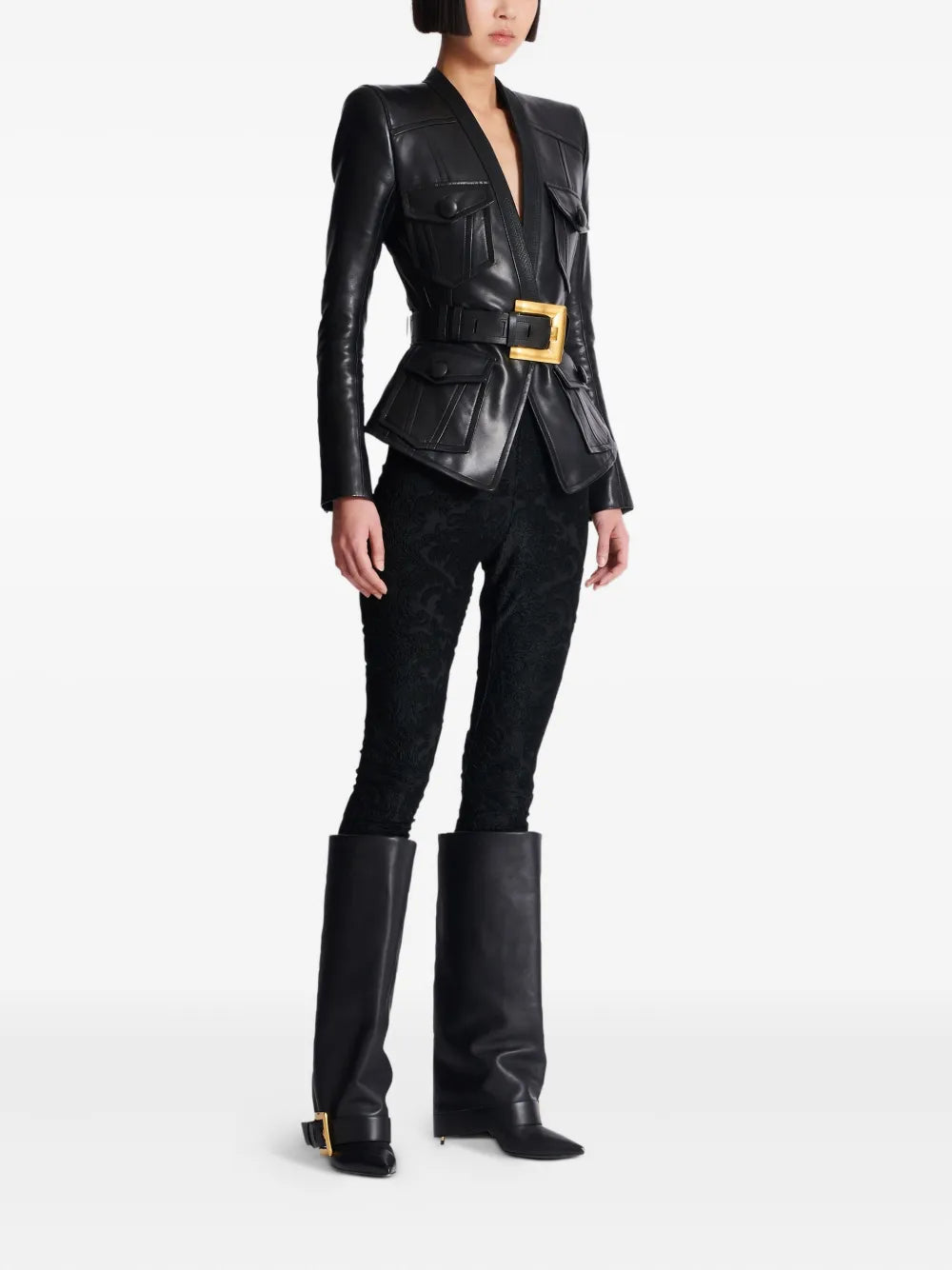 Balmain Belted Black Leather Jacket with Gold Buckle