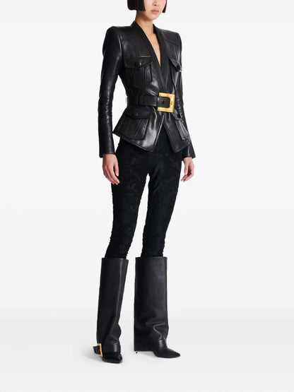 Balmain Belted Black Leather Jacket with Gold Buckle