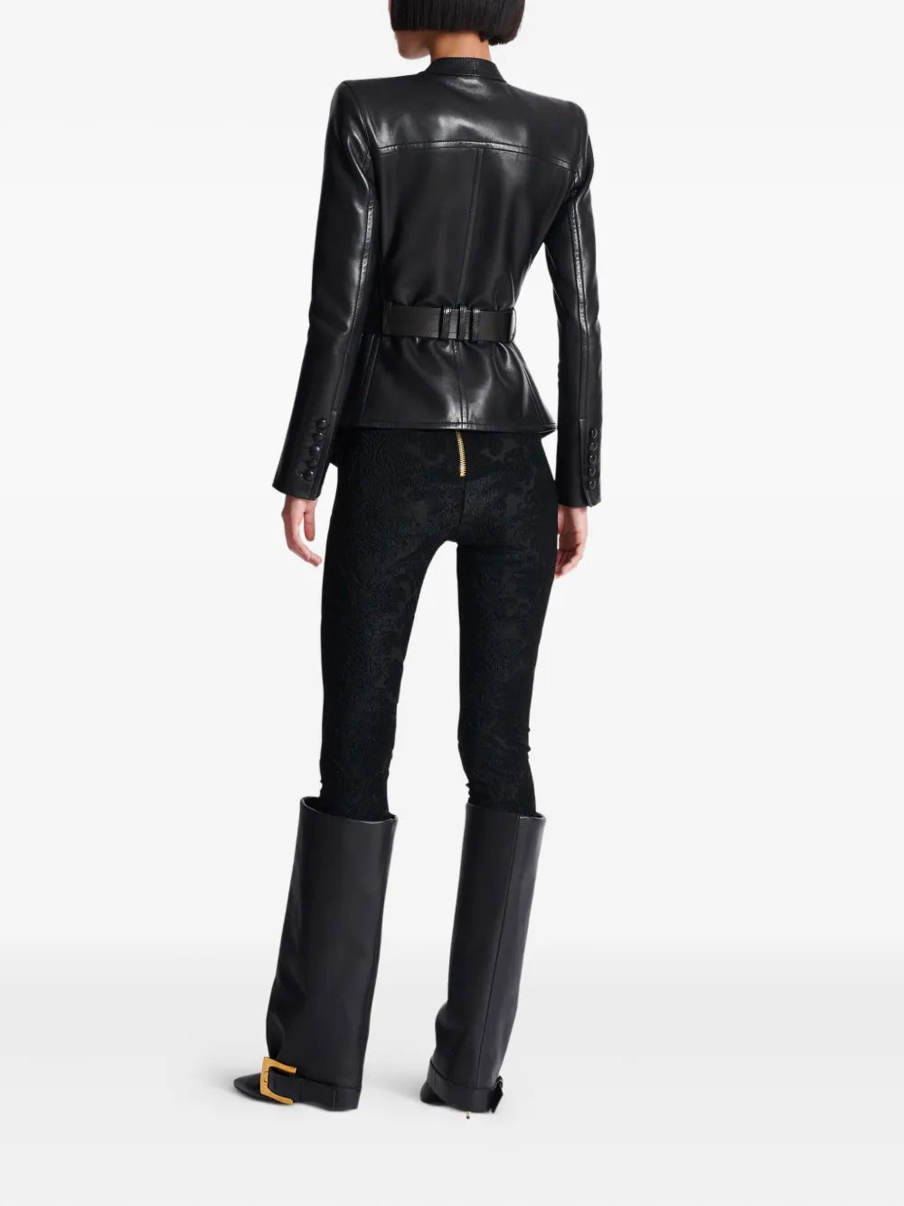 Balmain Belted Black Leather Jacket with Gold Buckle