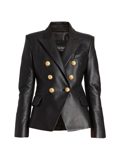 Balmain Black Double-Breasted Leather Blazer