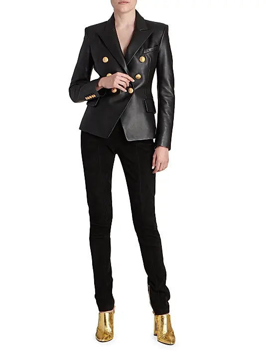 Balmain Black Double-Breasted Leather Blazer