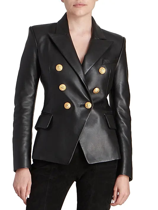 Balmain Black Double-Breasted Leather Blazer