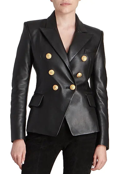 Balmain Black Double-Breasted Leather Blazer
