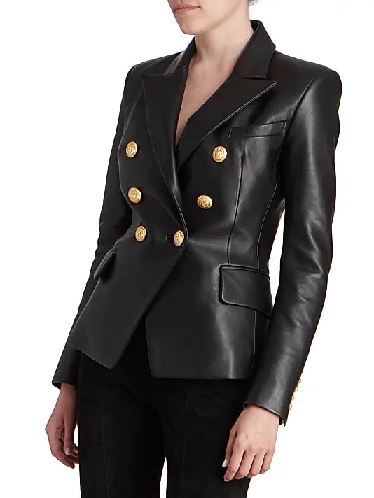Balmain Black Double-Breasted Leather Blazer