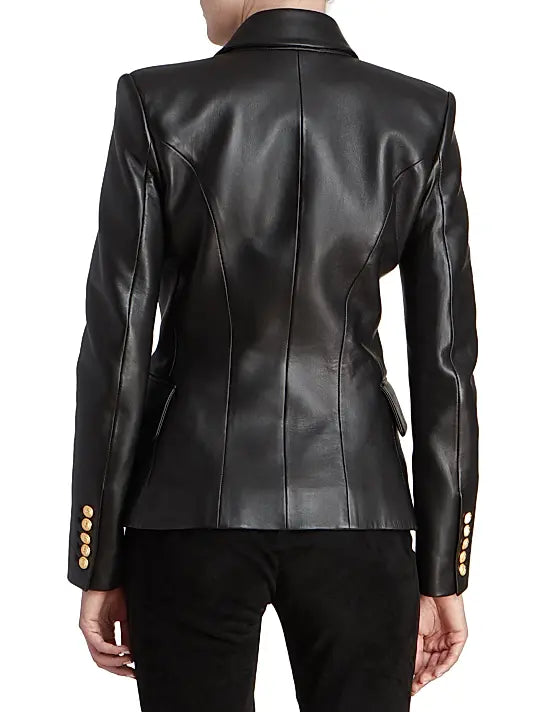 Balmain Black Double-Breasted Leather Blazer