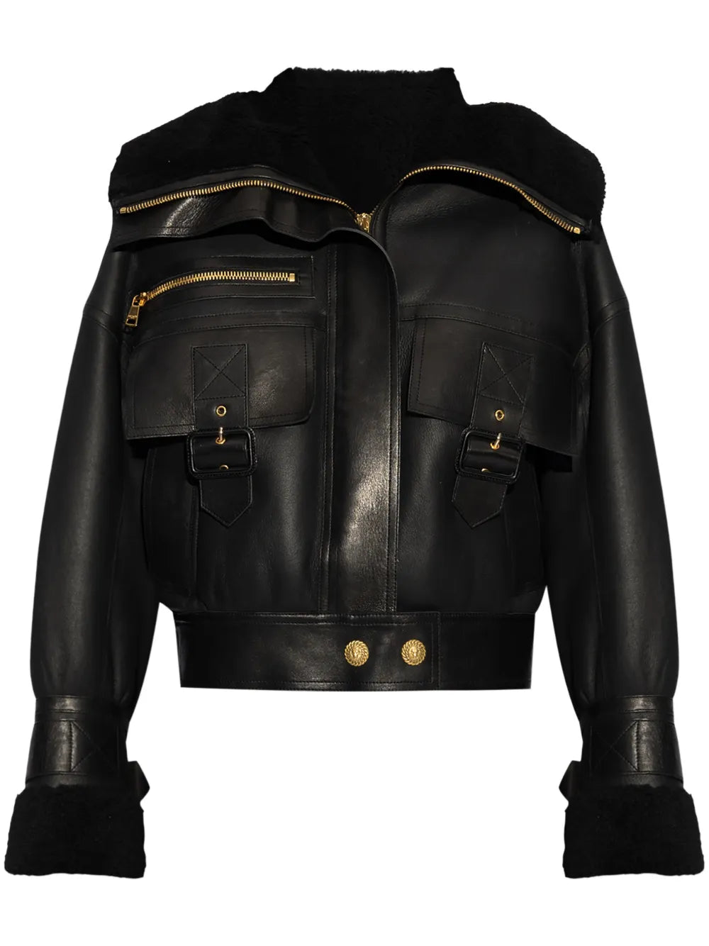 Balmain Shearling-Lined Leather Aviator Jacket in Black