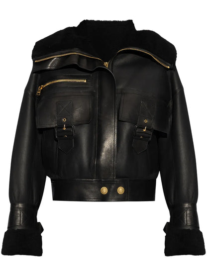 Balmain Shearling-Lined Leather Aviator Jacket in Black