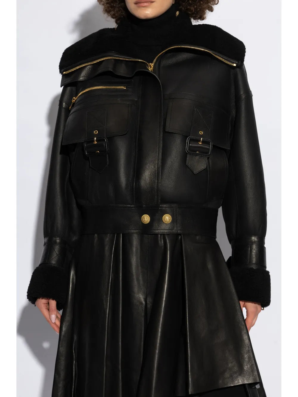 Balmain Shearling-Lined Leather Aviator Jacket in Black