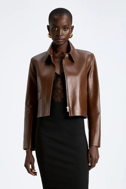 Bleeker Cropped Leather Jacket in Milk Chocolate