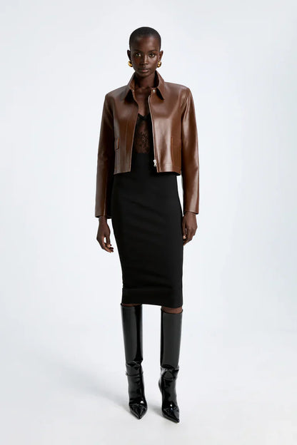 Bleeker Cropped Leather Jacket in Milk Chocolate