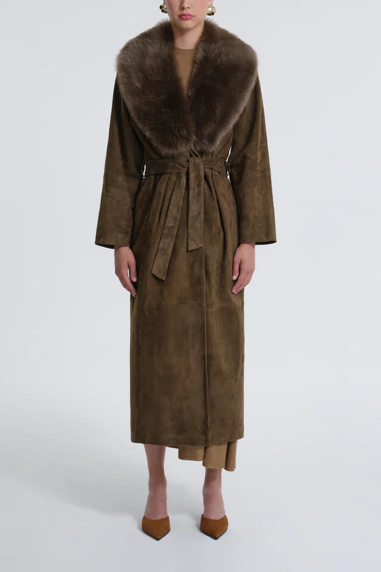 Briona Deep Olive Suede Coat with Fur Collar