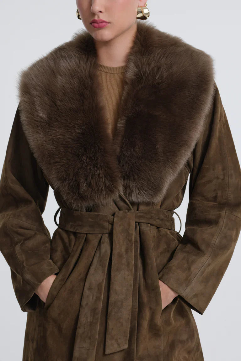 Briona Deep Olive Suede Coat with Fur Collar