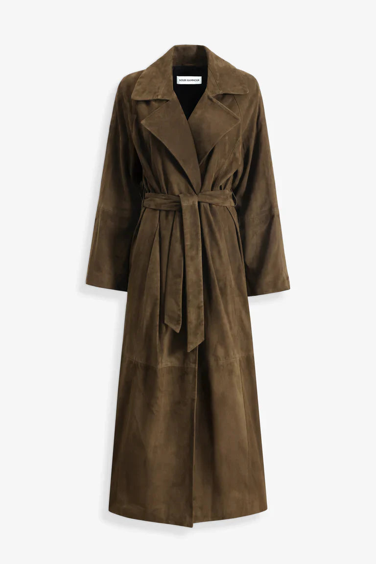Briona Deep Olive Suede Coat with Fur Collar