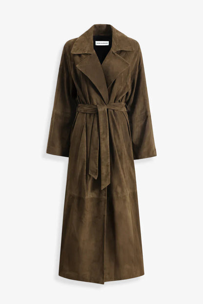 Briona Deep Olive Suede Coat with Fur Collar
