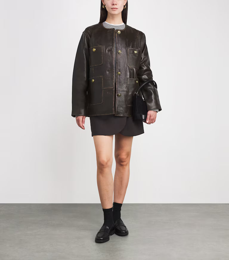 Brunello Cucinelli Dark Brown Leather Utility Jacket