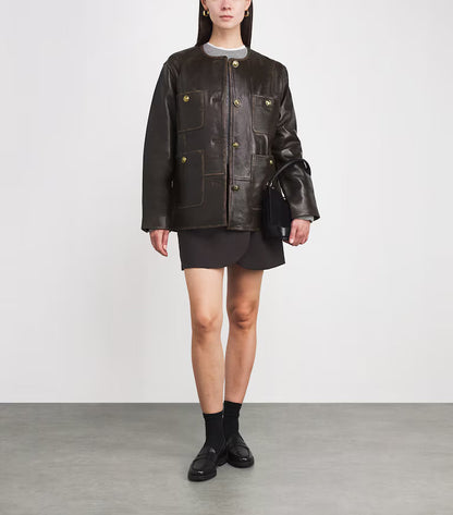 Brunello Cucinelli Dark Brown Leather Utility Jacket