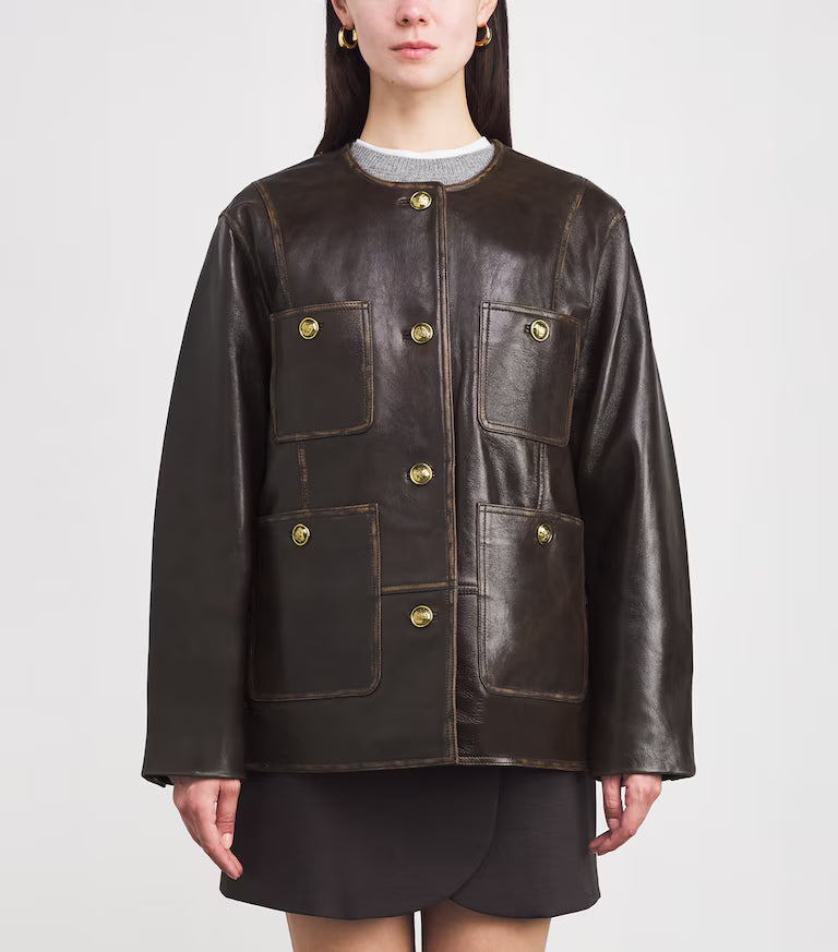 Brunello Cucinelli Dark Brown Leather Utility Jacket