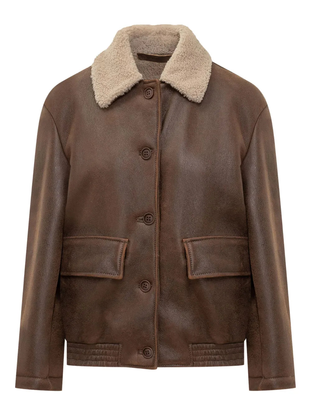 Brunello Cucinelli Shearling Button-Up Jacket in Tobacco Brown