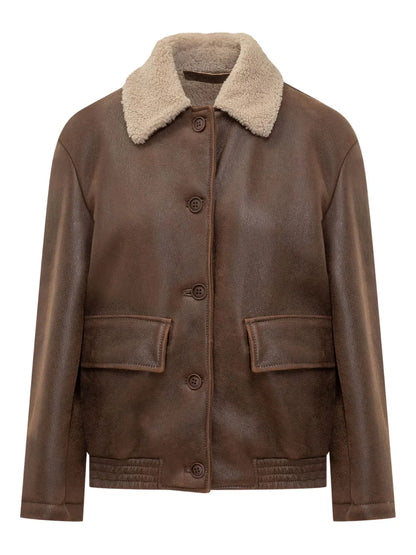 Brunello Cucinelli Shearling Button-Up Jacket in Tobacco Brown
