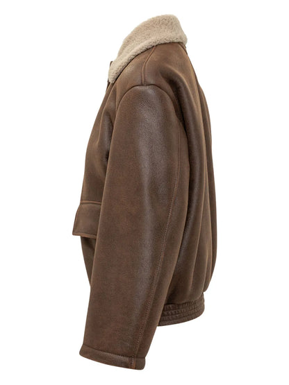 Brunello Cucinelli Shearling Button-Up Jacket in Tobacco Brown