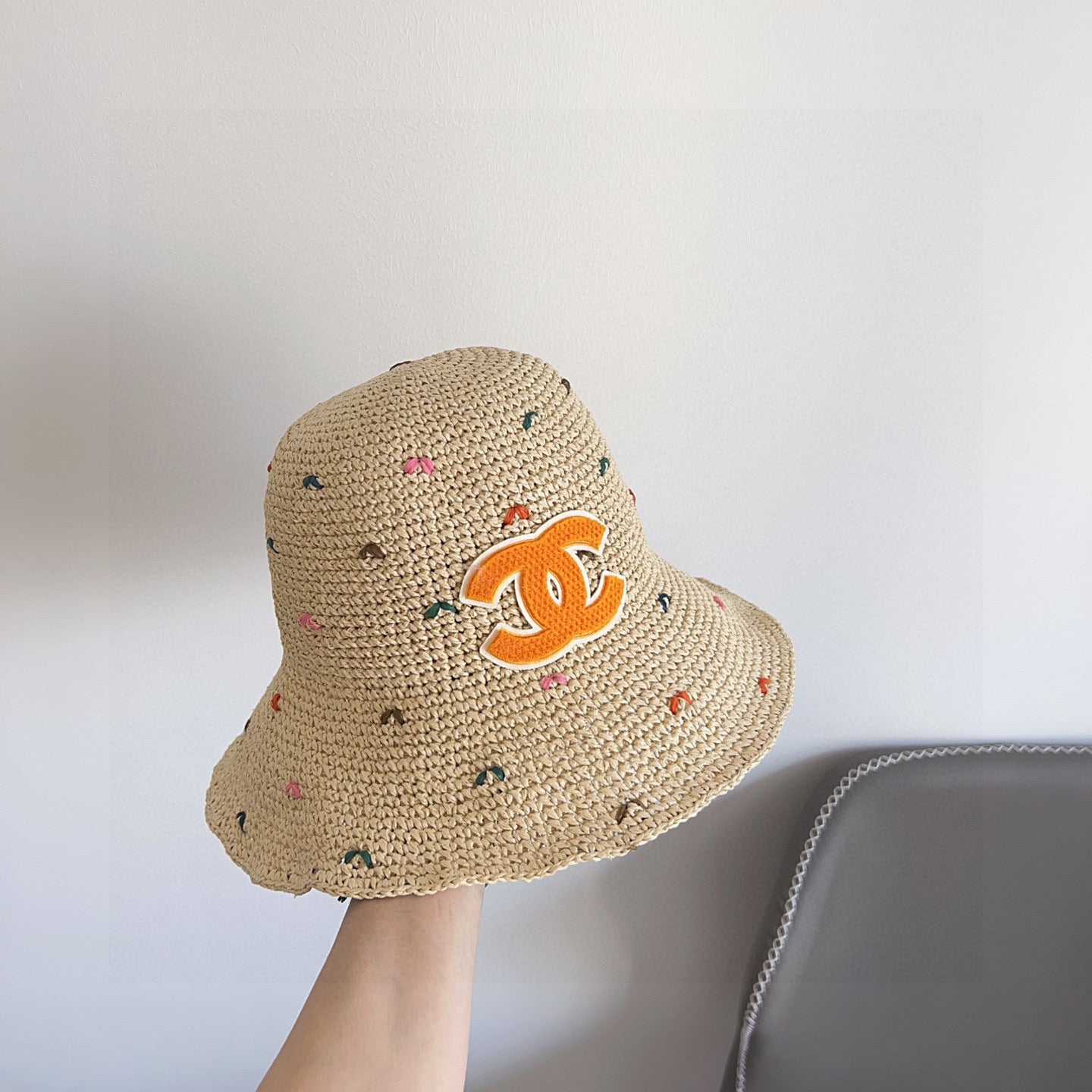 Chanel Woven Straw Bucket Hat with CC Logo