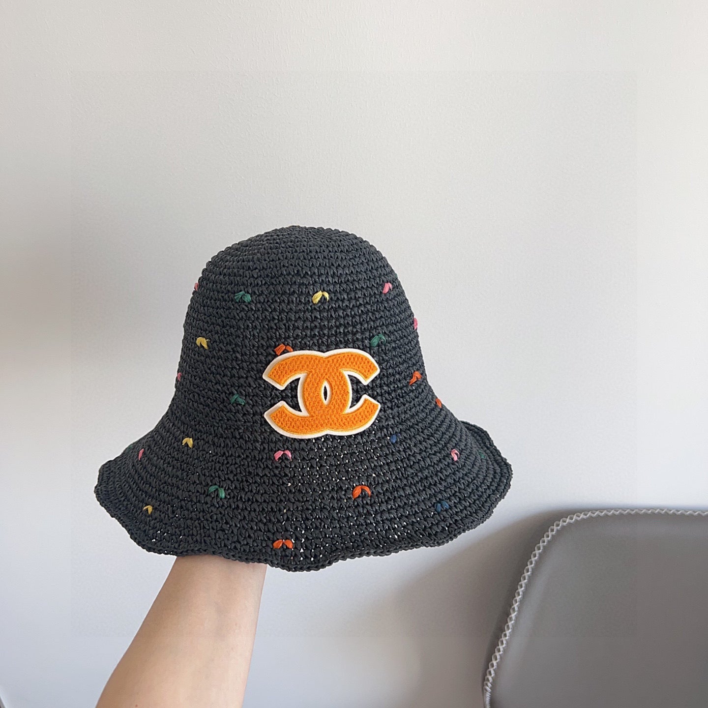Chanel Woven Straw Bucket Hat with CC Logo
