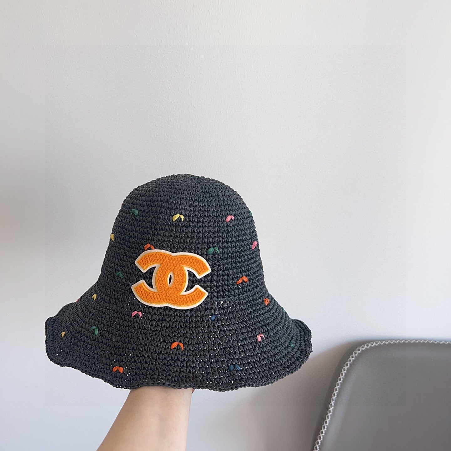 Chanel Woven Straw Bucket Hat with CC Logo