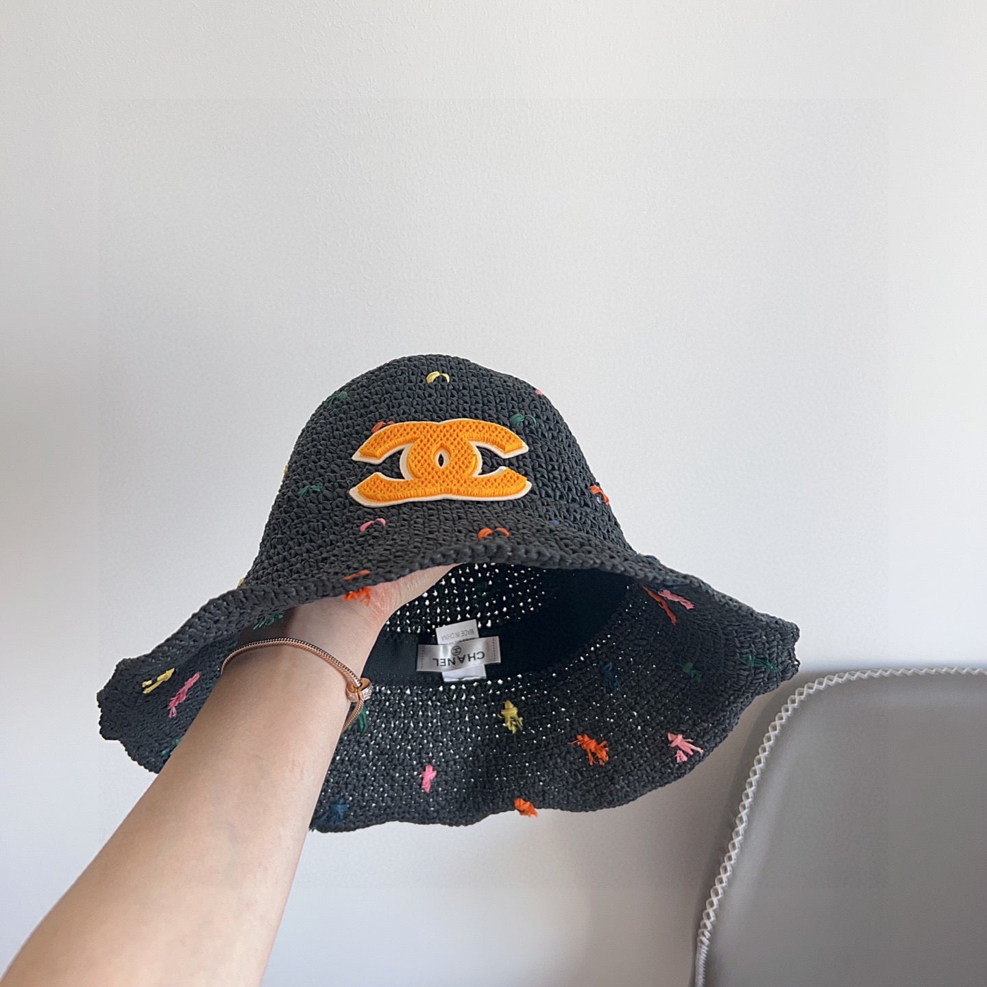 Chanel Woven Straw Bucket Hat with CC Logo