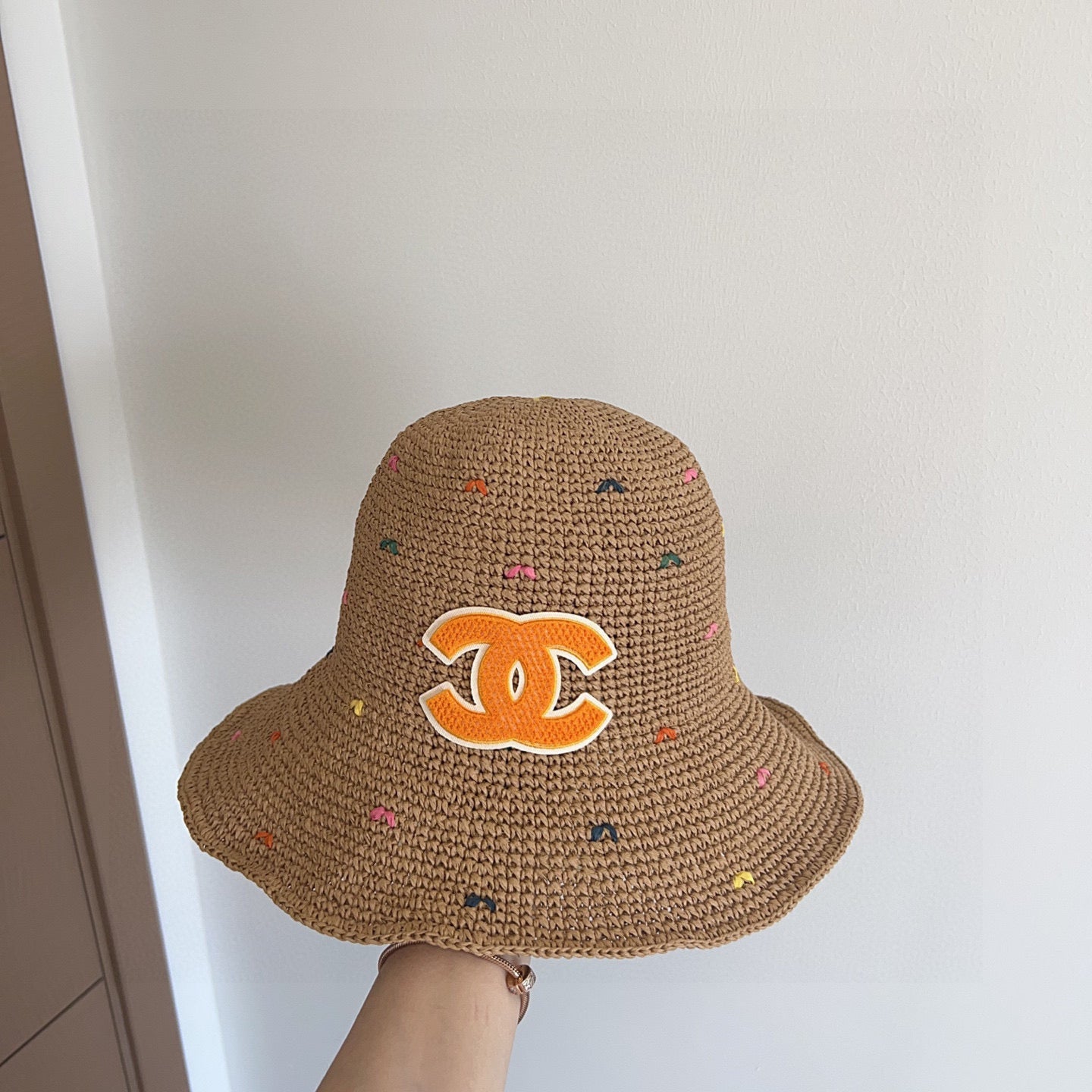 Chanel Woven Straw Bucket Hat with CC Logo