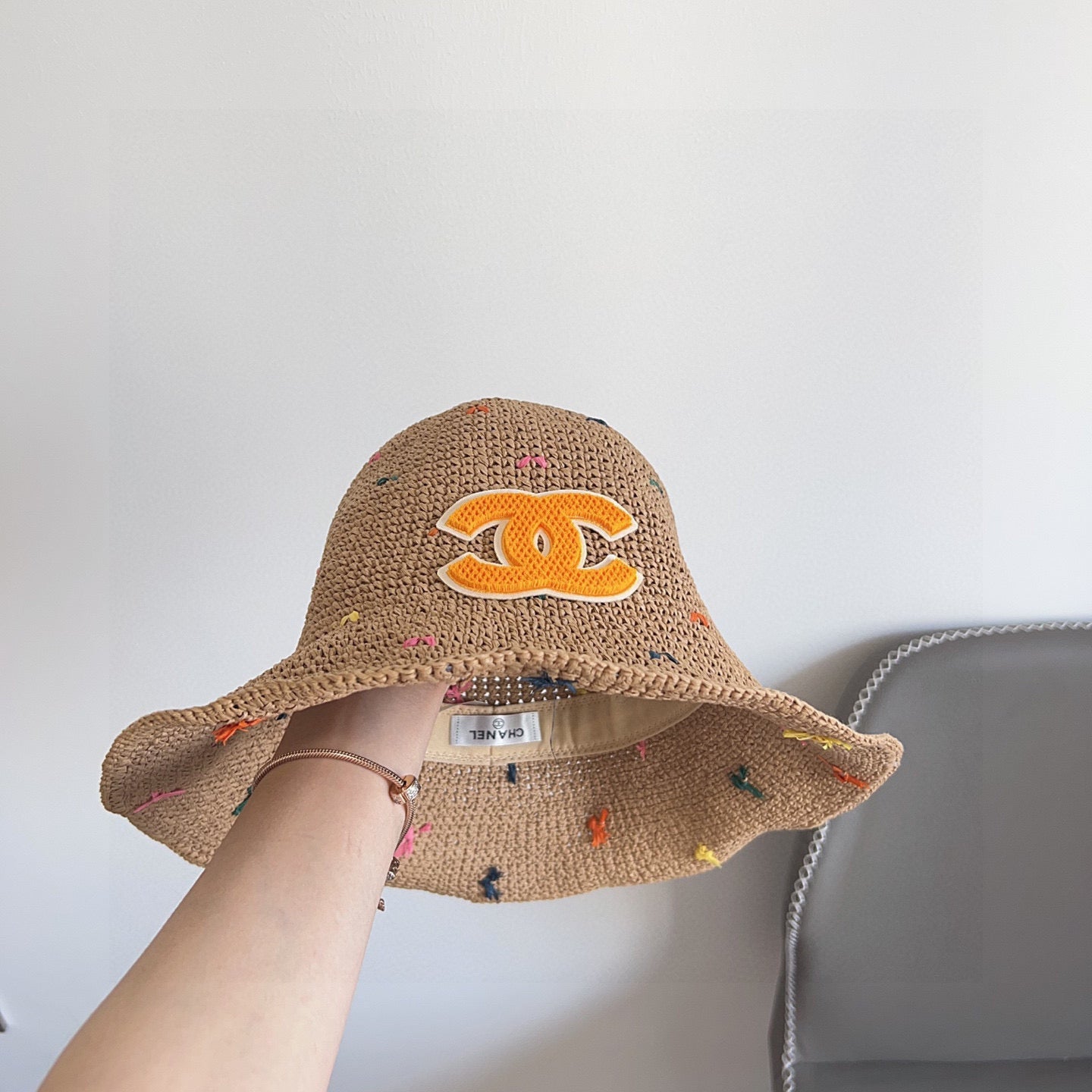 Chanel Woven Straw Bucket Hat with CC Logo