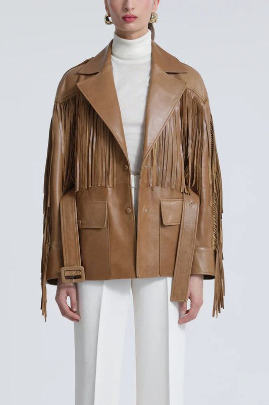 Cassidy Beige Fringe Leather Jacket
