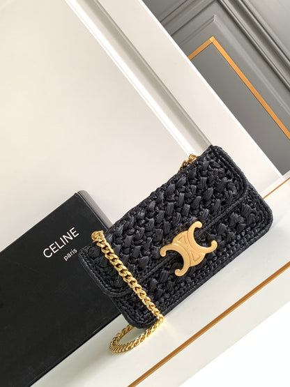 Celine Claude Chain Shoulder Bag in Raffia