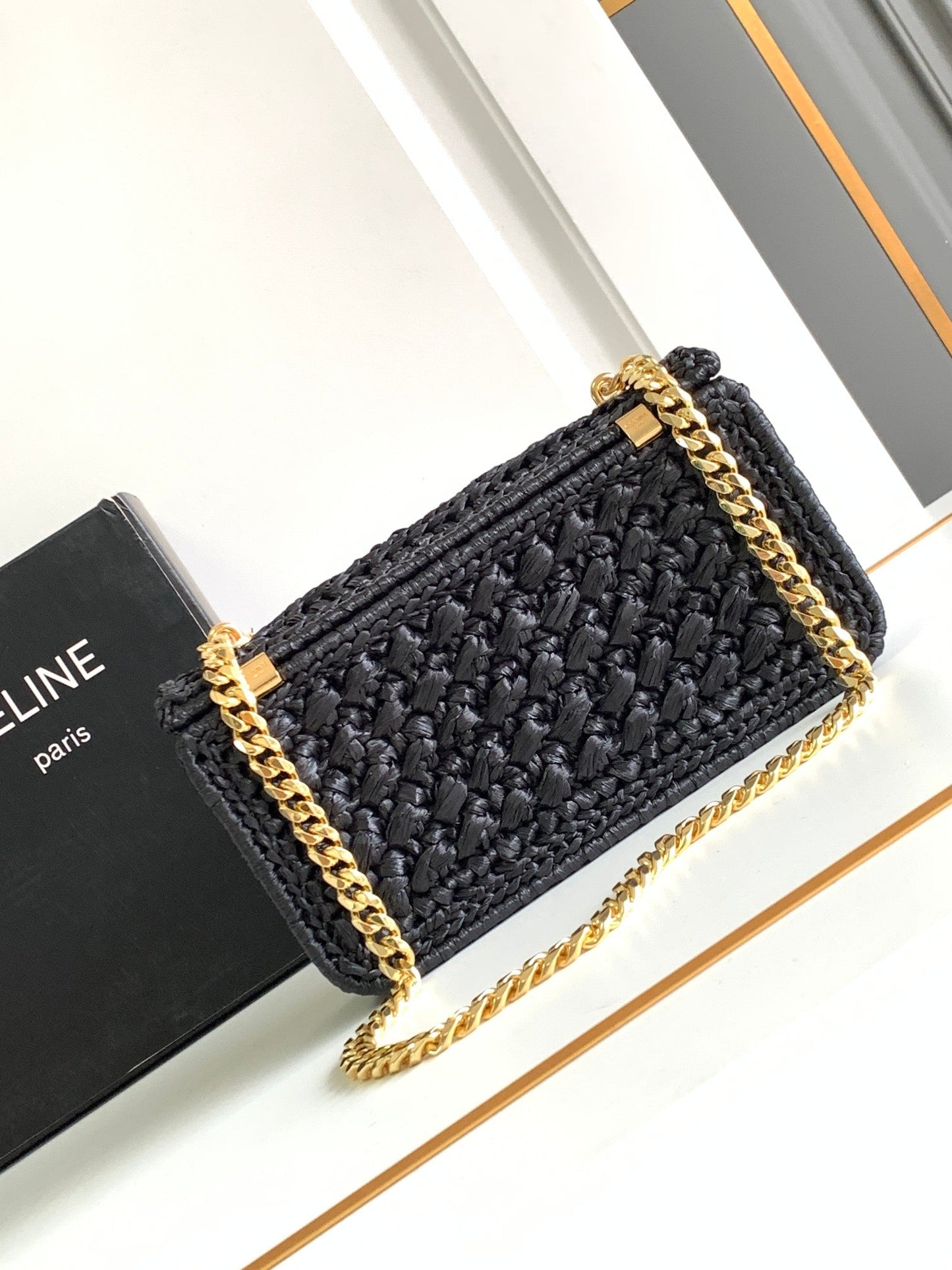 Celine Claude Chain Shoulder Bag in Raffia